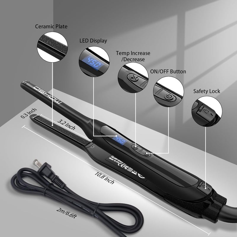 DSHOW Pencil Flat Iron, 3/10" Small Flat Irons for Short Hair, Pixie Cut and Bangs,Tourmaline Ceramic Mini Hair Straightener for Edges with Adjustable Temperature, Auto Shut Off (Black) - Image 4